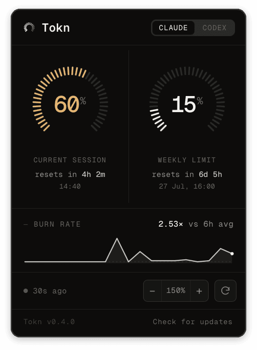 Tokn menu bar popover showing Claude Code usage
