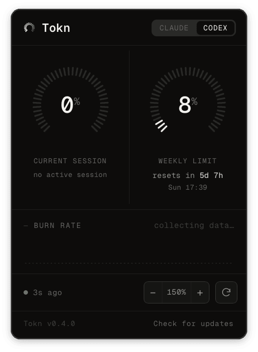 Tokn menu bar popover showing OpenAI Codex usage